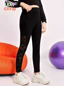 SHEIN Tween Girl Contrast Strappy Mesh High Waist Leggings - Black - View 3