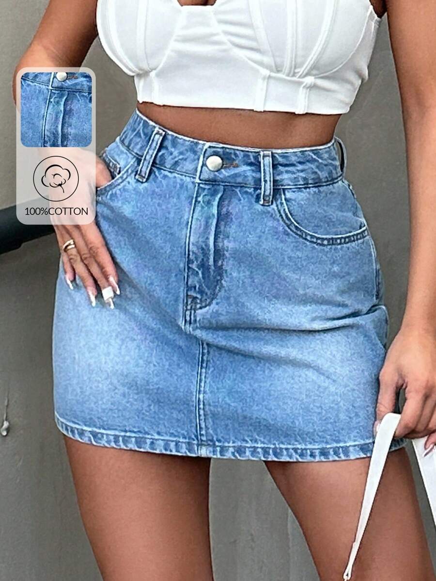 EURMUSE Women's High Waist Washed Denim A-Line Skirt - Blue - View 1