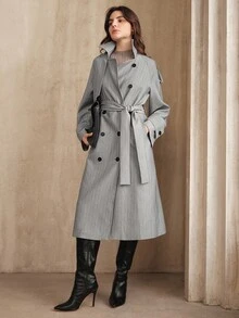 Anewsta 女式秋冬灰色条纹现代长款双排扣翻领风衣 - 灰色 - 查看 10