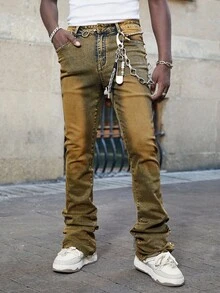 ROMWE MEN Street Life Men's Layered Flare Washed Slim Fit Jeans - Dark Wash - View 4