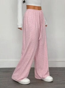 SHEIN PETITE 2pcs Women Solid Color Drawstring Waist Loose Casual Wide Leg Pants