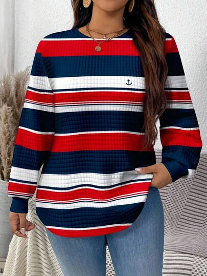 EMERY ROSE Sweat-shirt-shirt minimaliste décontracté grande taille, style marine bleu blanc rouge imprimé à rayures en tissu gaufré, col rond, ample avec ourlet arrondi, convient pour le port à la maison