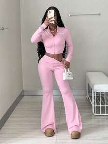 Coolane 女士秋季日常穿着外出基本款运动服健身房瑜伽粉色紧身胸衣外套和小喇叭裤两件套 - 粉色 - 查看 3