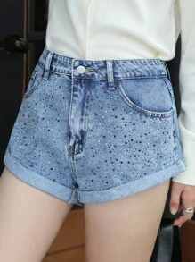 K-Vae Shorts Denim com Strass Verão Feminino, Shorts Denim Modernos de Cintura Alta Casual, Shorts Denim de Moda de Rua - Lavagem Média - Visão 5