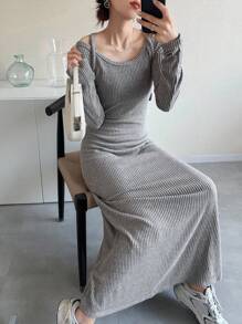 FRIFUL Women's Casual Solid Color Dress, Versatile,Fall Women Clothes Long Sleeve Dress Grey Knit Maxi Dress Grey Maxi Dress Casual Maxi Dress Long Sleeve Maxi Dress Ribbed Knit Maxi Dress