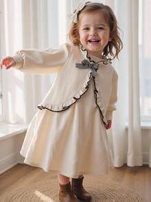 SHEIN 女宝宝可爱休闲百搭纹理面料蝴蝶结长袖夹克适合春夏秋冬日常穿着 - 杏色 - 查看 3