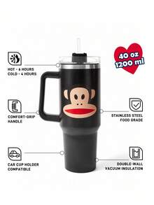 Paul Frank X SHEIN 1200ml / 40oz Stainless Steel , Keep Cold Water Bottle, With Straw, Suitable For Hot Water And Cold Drink - Black - View 3
