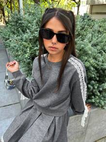 2pcs Tween Girls Knit Sweatshirt With Bowknot & Pleated Skirt Set, Cute Casual Daily Versatile Fashion Back To School Outfit, Autumn/Winter New Arrival - Grey - View 4