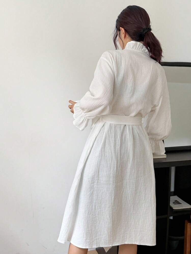 Romantic Ruffled Hem Long Wrap Around Women Sleepwear Robe, For Fall & Winter Pajama, Cozy Outfit