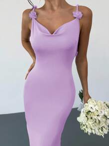 Firerie Đầm dài họa tiết hoa thanh lịch dành cho nữ có cổ xếp nếp - Màu Lilac Tím - Xem 2