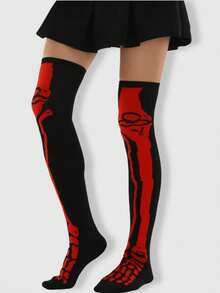 ROMWE Grunge Punk 2 Pairs Halloween Thigh High Socks With Gloves Set, Retro Streetwear Over-The-Knee Socks For Women - Black - View 3