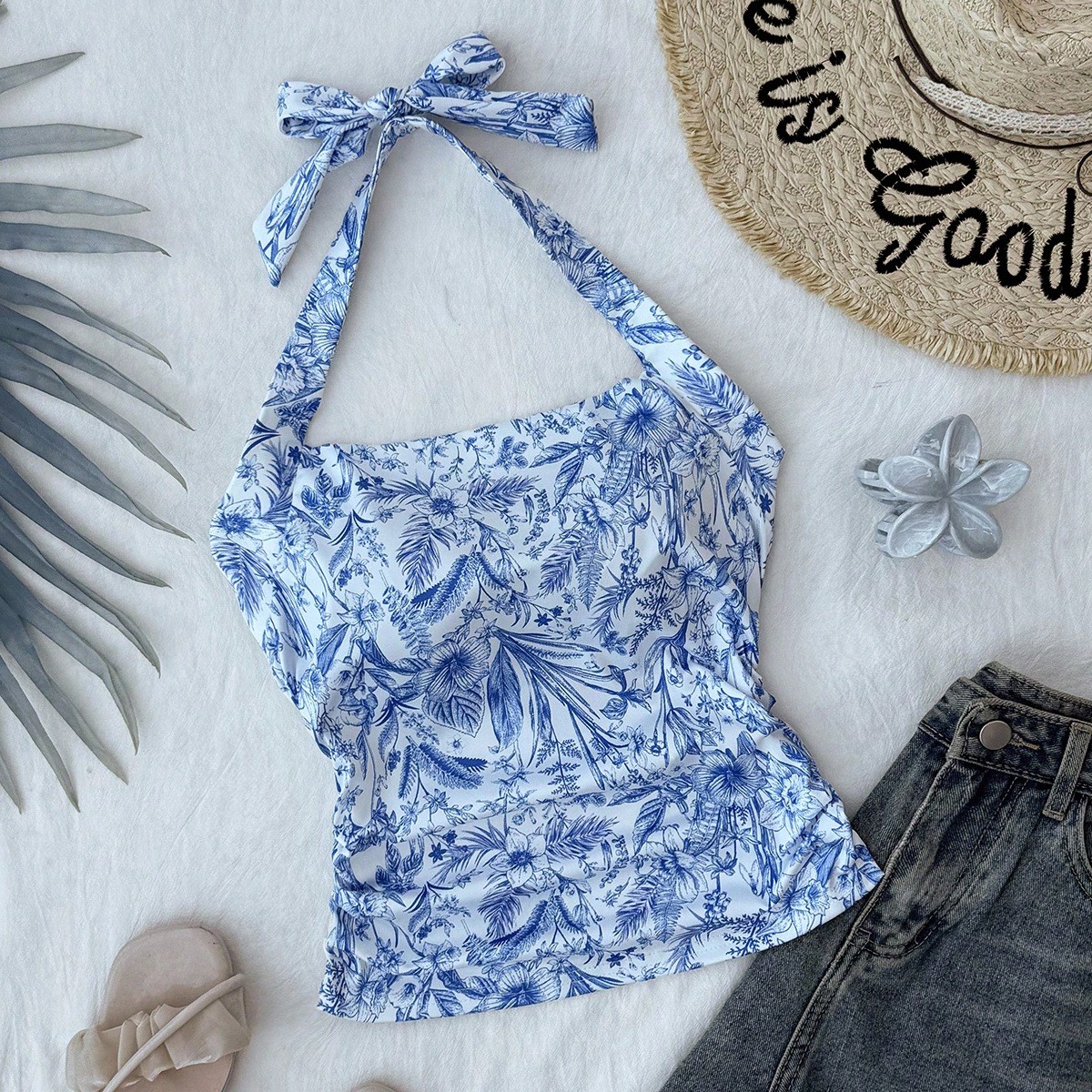 Camiseta sin espalda con pliegues y estampado de adolescente, adecuada para el verano, versátil para uso diario