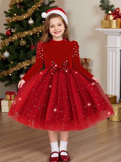 Glamorique Kids 1pc Young Girl Autumn/Winter New High Collar Puff Sleeve Beaded Design Waist Tie Bow Beaded Star & Moon Mesh Hem Elegant Fabric Party Birthday Commute Tulle Princess Dress Christmas Girls Dress Girls Red Princess Dress Holiday Party Dress For Girls Girls Red Tulle Dress Fall