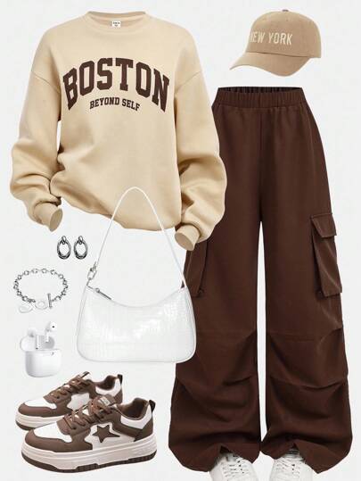 SHEIN Girlism 2pcs/Set Teen Girls Knitted Solid Color Letter Print Graphic Crew Neck Sweatshirt And Cargo Pocket Pants Casual Outfit, Suitable For Autumn/Winter, Back To School Season Brown Outfit Baggy Outfits Brown Cargo Pants Cargo Pants Outfit Teenager Outfit Fall