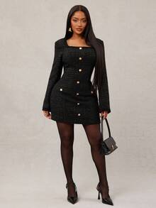 Radiana 女士优雅黑色金属花呢紧身连衣裙，长袖方领连衣裙，时尚商务装，适合约会、聚会、生日、派对、通勤、正式场合 - 黑色 - 查看 3