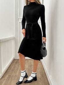 SHEIN Tall Belted Detailed Rib-Knit Solid Color Casual Frenchy Sweater Dress - Black - View 7