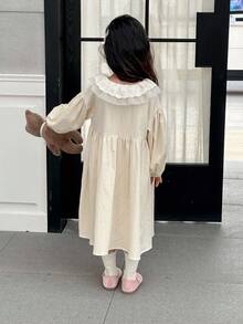 DAZY Kleine Mädchen Peter Pan Kragen Spitze Patchwork Midi Süßes Lässig Kleid Herbst,Winter - Aprikosenfarben - Übersicht 2