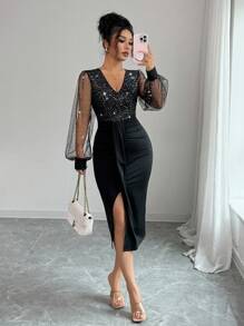 Elenzga 女式亮片闪亮V领网眼拼接闪光派对连衣裙 - 黑色 - 查看 8