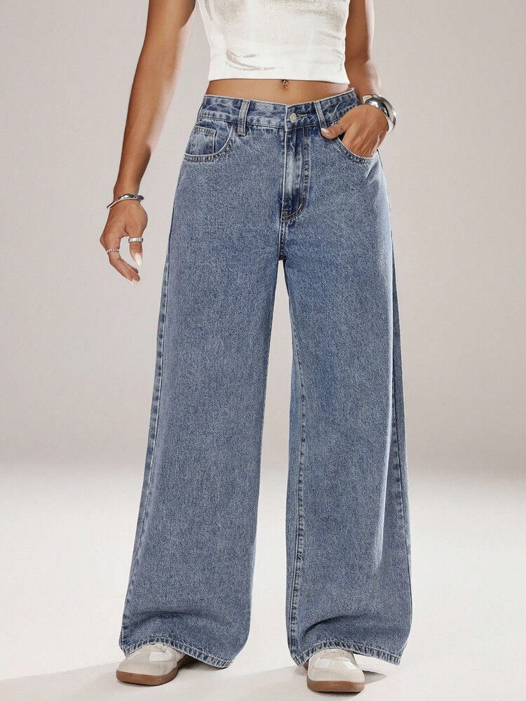 SHEIN ICON 女士浅色休闲牛仔裤 - 中等水洗藍 - 查看 1