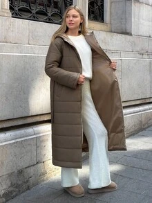 Cloudara Women Long Hooded Padded Winter Coat - Camel - View 7