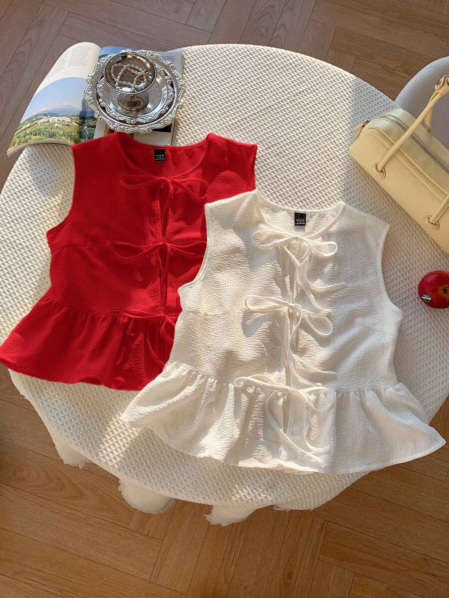 Comfortcana 2pcs Women's Summer Vacation Shirts, Red + White Blouses Sleeveless Peplum Top