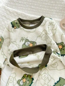 SHEIN 2 件套婴儿男童/女童休闲舒适卡通恐龙印花长袖睡衣套装，秋冬