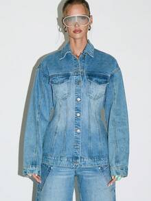 KIZN Áo khoác denim Trucker cổ điển có túi bên hông, kiểu dáng vừa vặn, thời trang cao cấp, phong cách đường phố, thường ngày, áo khoác ngoài, đồ mặc ngoài, đồ mặc tiện dụng hiện đại, mọi mùa - Rửa trung bình - Xem 1