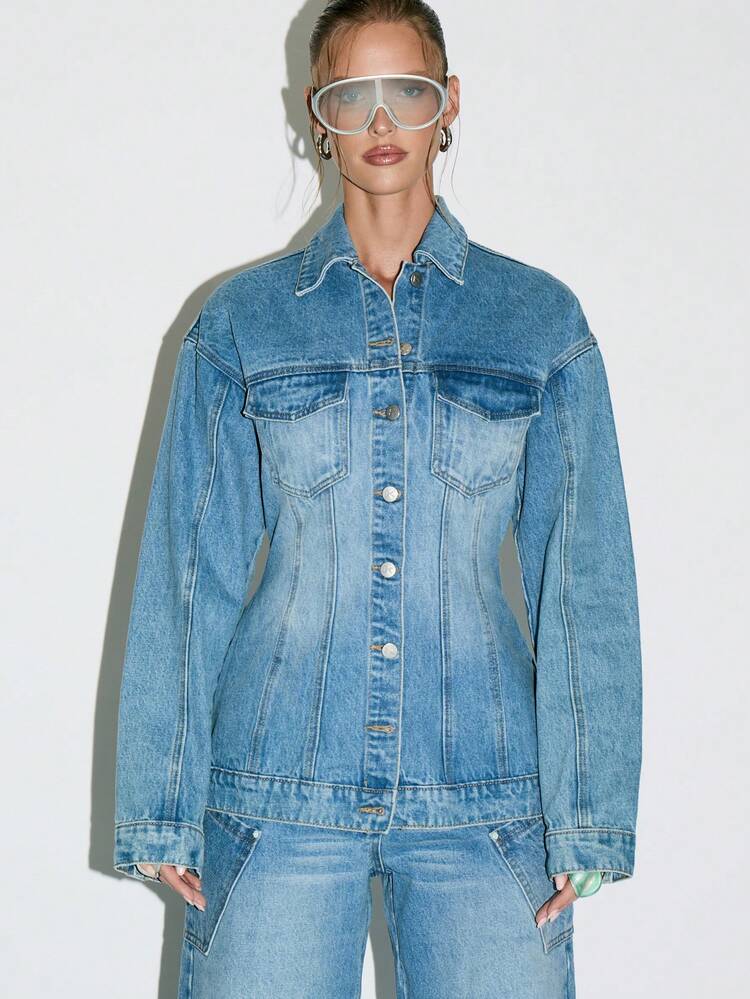 KIZN Fitted Denim Trucker Jacket With Button Front