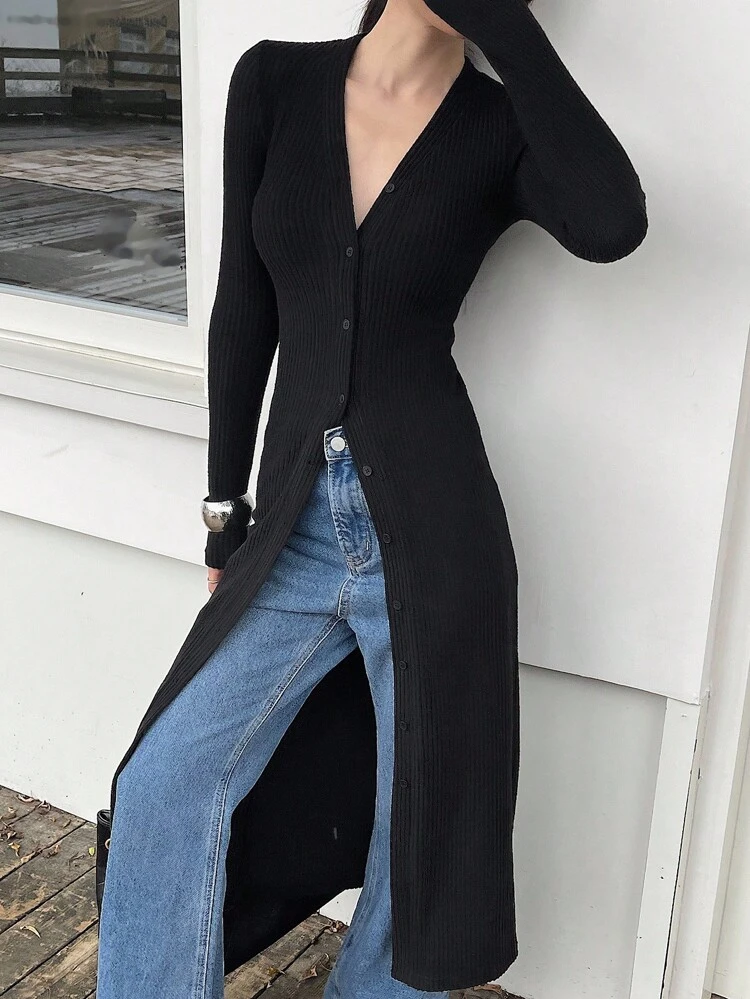 Women's V-Neck Ribbed Texture Fabric Long Sleeve Cardigan, Extra Long Casual Elegant Thin Outerwear Women Jacket,Fall Women Clothes