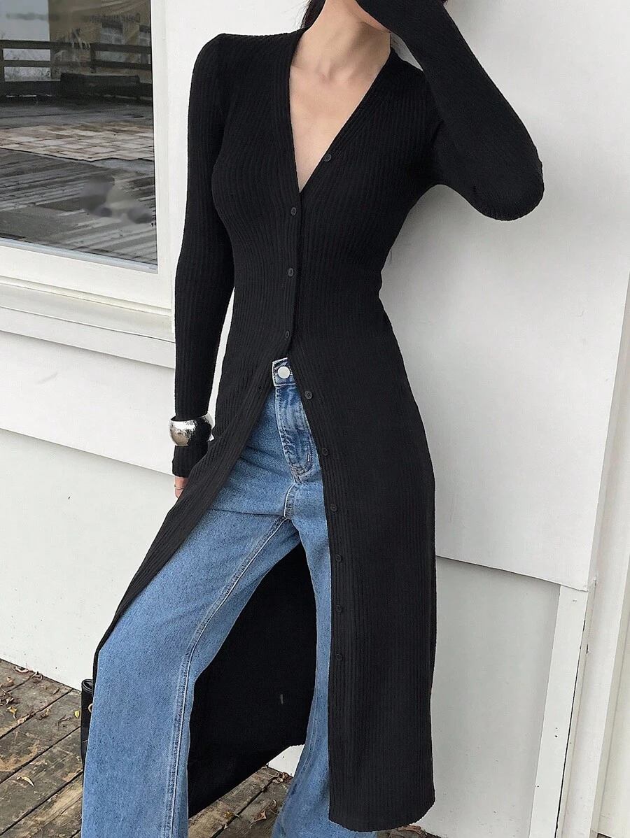 DAZY Áo khoác cardigan dài tay vải dệt gân cổ chữ V cho nữ, áo khoác ngoài mỏng thanh lịch thường ngày dài thanh lịch dành cho nữ, quần áo mùa thu cho nữ - màu đen - Xem 1