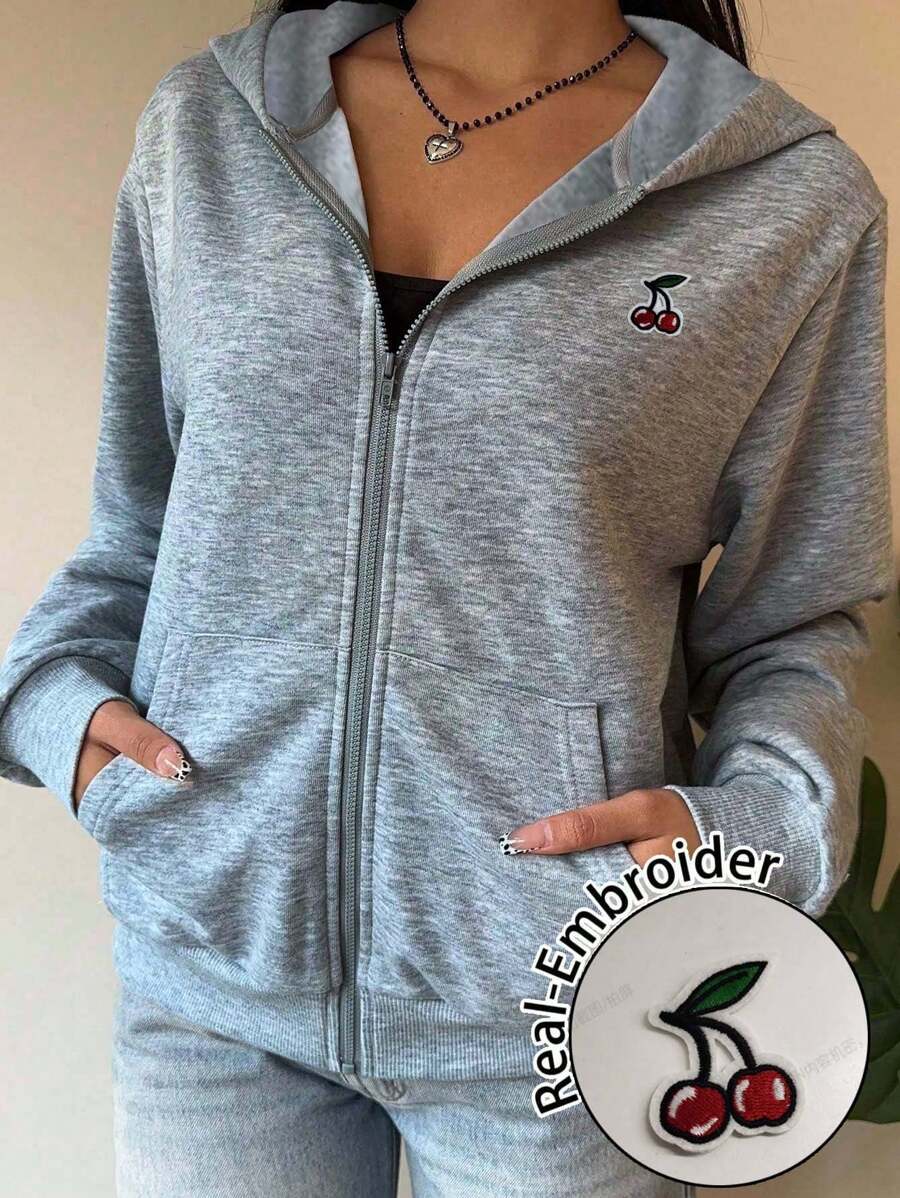 SHEIN EZwear Grey Knit Hooded Cherry Print Women Sweatshirt, Suitable For Autumn/Winter, Back To School Season, Airport Hoodie,Zip Up - Grey - View 1