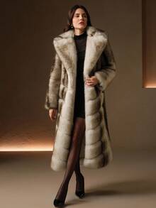 Anewsta Áo khoác dài lông nhân tạo chắp vá cổ điển, thời trang mùa đông - Đen và trắng - Xem 11