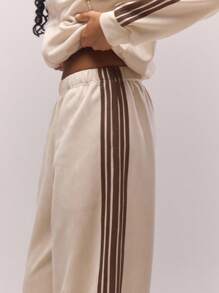 MUSERA Quần jogger ống rộng kẻ sọc, cạp chun bên hông, kiểu dáng cổ điển, dễ thương, đồng quê, phong cách cottagecore, thích hợp mặc nhà đi học cho nữ, màu caramel mùa hè. - Kem - Xem 5