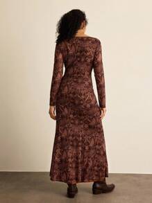 Freevana 大码女式度假腰果花卉印花 V 领长袖鱼尾下摆西式长裙女式秋季服装万圣节女式冬季服装女式连衣裙优雅西式服装女式冬季棕色连衣裙波西米亚风女式服装狂欢冬装女式仙女连衣裙派对办公室外出服装音乐会西式连衣裙节日另类优雅连衣裙焦橙色连衣裙 - 彩色 - 查看 3
