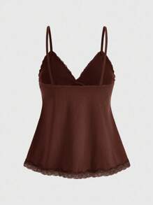 ROMWE Fairycore Camiseta de tirantes de mujer con volantes de encaje en contraste de unicolor - Marrón - Ver 2