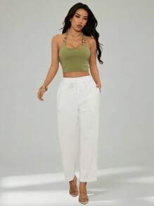 SHEIN PETITE 100 % bomull, bekväma, andningsbara, avsmalnande byxor med fickor för kvinnor - Vitt - Visa 4