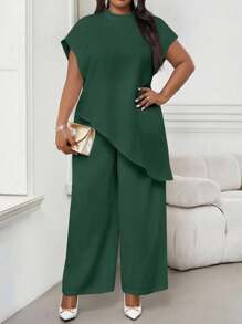 SHEIN Lady 2025 New Plus Size Women Dark Green Solid Loose Asymmetric Hem Elegant Blouse Winter Valentine's Day New Year Party Green Wedding Guest Batwing Sleeve Top Fall Women Green Elegant Top