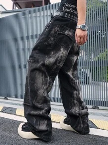 Manfinity EMRG 男士街头时尚半圆铆钉图案宽松阔腿洗水牛仔裤，emo风格 - 黑色 - 查看 6