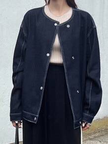 FRIFUL 女士休闲水洗落肩宽松夹克、牛仔夹克、秋季女装 - 黑色 - 查看 3