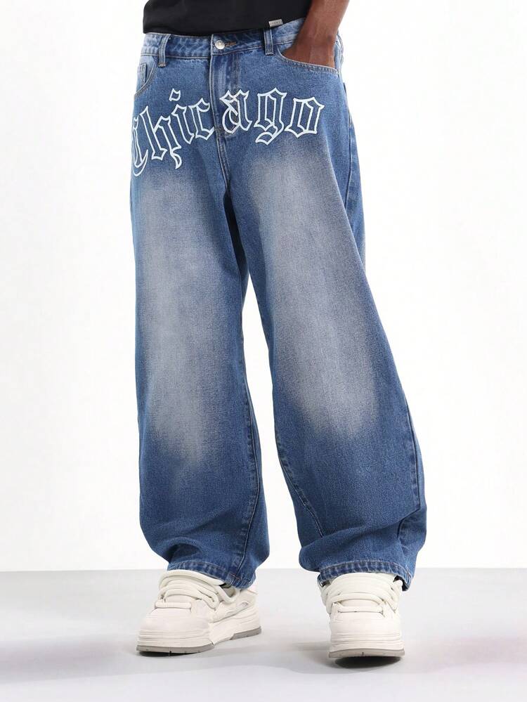Wide Leg Gothic Text Print Denim Jeans