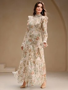 Anewsta Đầm maxi dài tay, thanh lịch kiểu Pháp lãng mạn, xếp ly eo, ren rỗng, in hoa dành cho nữ, thích hợp cho buổi hẹn hò lãng mạn ngày Valentine. - Nhiều màu - Xem 4