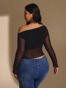 Hourglow Damen Große Größen Mesh Schleife Bluse, elegantes Sommerurlaubs-Outfit, geeignet für Valentinstag, Geburtstag - Schwarz - Übersicht 2