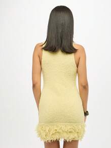 SUMWON WOMEN Knitted Mini Dress With Fringe Hem Party Club Cocktail Short Above Knee Sleeveless Bodycon Party Night Out Spring Summer Frayed Edge