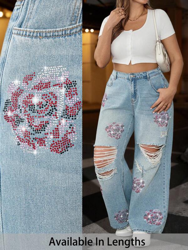 EMERY ROSE Plus Size Women Fall Autumn Back To School Homecoming Halloween Business Casual Woman Country Vintage Modest Old Money Business Casual Woman Work Clothes 2000s Y2k Cute Streetwear Techno Outfit Birthday Outfit Going Out Club Outfit Baggy Jeans Women Mom Jeans Floral Print Pocket Distressed Wide Leg Loose Casual Floral Rhinestone Jeans Blue Jeans