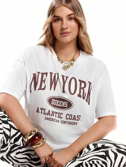SHEIN EZwear Plus Size "New York" Graphic Round Neck Short Sleeve T-Shirt, Casual Loose Fit Plus Size Women Tee,Slightly Sheer Suitable For Summer