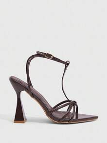 CUCCOO SZL Brown PU Strap Sexy Fashion Pointed Toe Chunky Heel Sandals - Brown - View 3