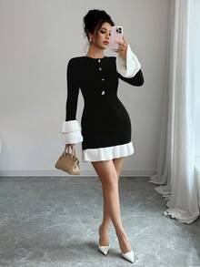 Elenzga Crew Neck Long Sleeve Classic Black & White Contrast Color Asymmetrical Metal Gold Bronze Button Decorative Ruffle Hem Bodycon Stretchy Comfortable Short Vintage Palace Style Elegant Casual Versatile Sweater Dress, Suitable For Multiple Occasions In Spring, Early Autumn, Winter Fall Cloth For Women - Multicolor - View 3