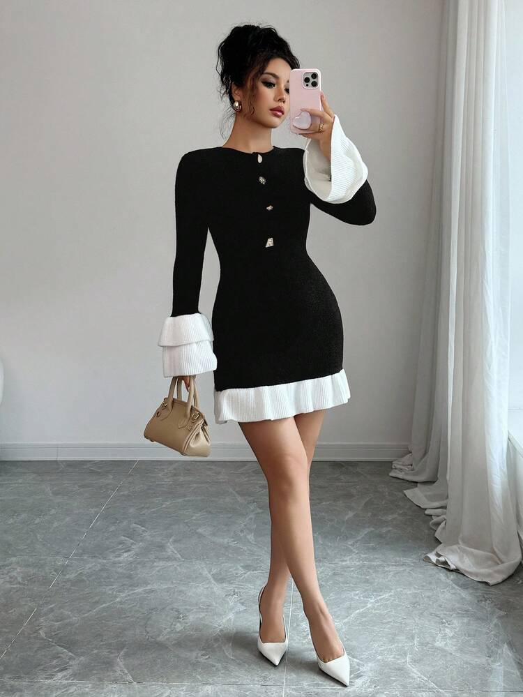 Elenzga Vestido de suéter de estilo palaciego elegante y versátil, con cuello redondo, manga larga, contraste de color clásico en negro y blanco, botones metálicos dorados y bronce decorativos, volantes asimétricos en el bajo, cómodo y elástico, adecuado para múltiples ocasiones en primavera, principios de otoño, invierno y otoño para mujeres. - Multicolor - Añade 3