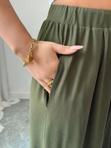EMERY ROSE Elegant High Waist Elastic Drawstring Loose Relaxed Fit Women Pants Fall Cloth For Women - Army Green - View 3
