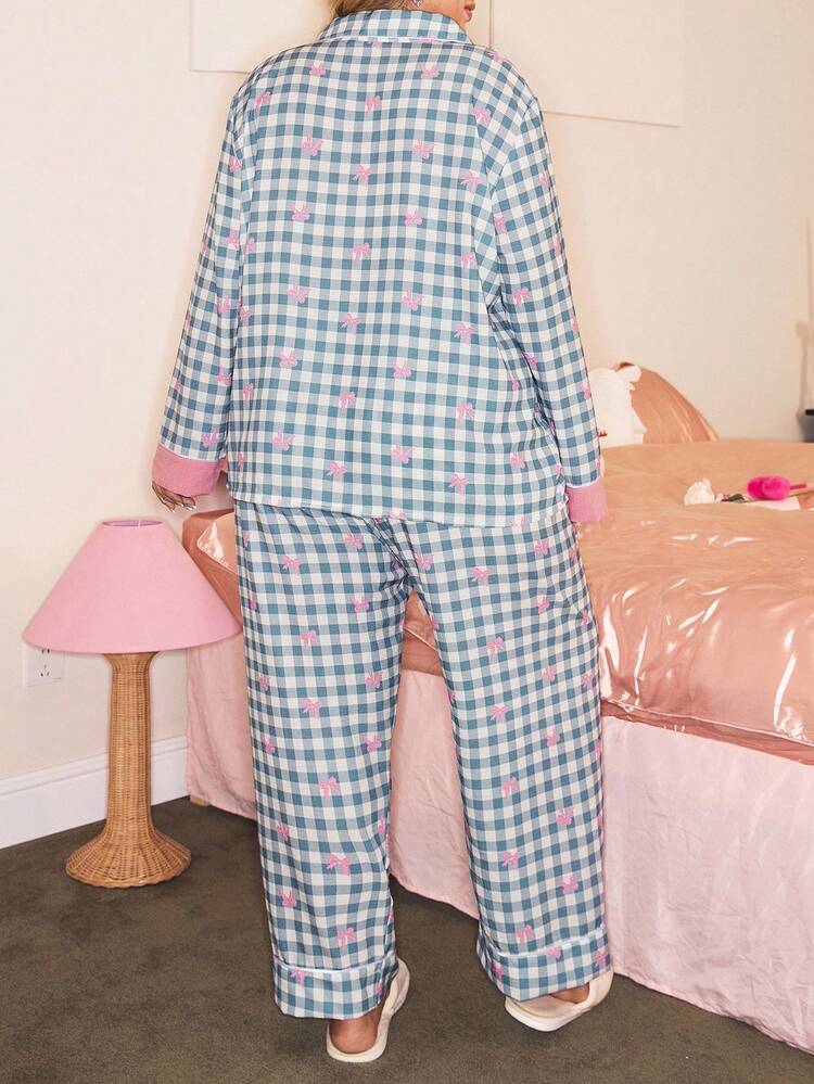 大码格子蝴蝶结方格纽扣上衣和裤子睡衣套装，秋季服装 - 彩色 - 查看 2